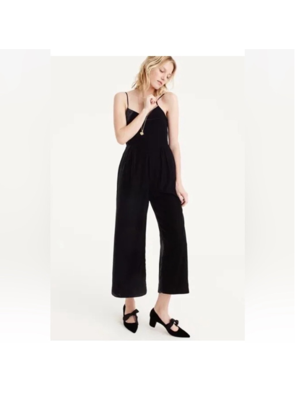 J.Crew Cropped Velvet Spaghetti Strap Wide Leg Jumpsuit artsy luxury Black Sz 4